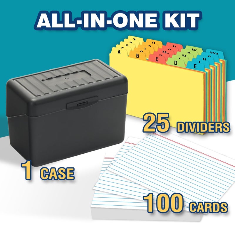 H4D 4x6 Index Card Holder with 100 Heavyweight Ruled Index Cards and 25 Plastic Dividers, Black - Image 2